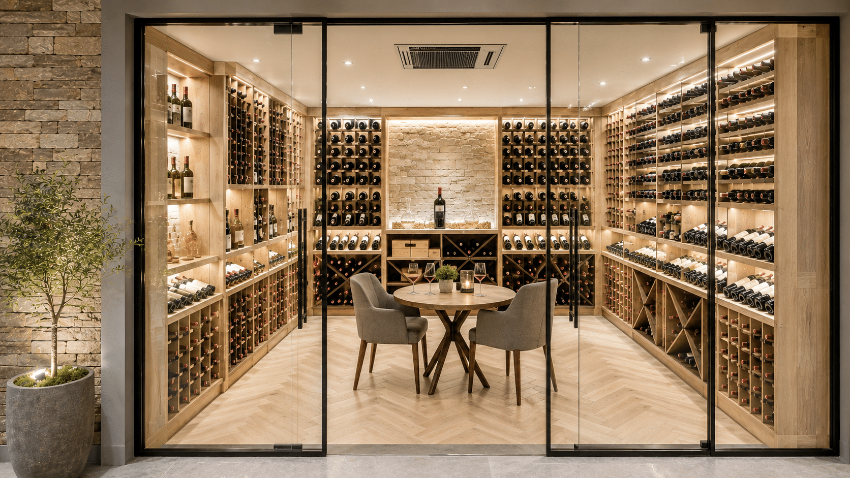 Luxury custom wine cellar with glass enclosure, wood wine racks, tasting area, and cooling system, illustrating how to choose a wine cellar designer in Austin.