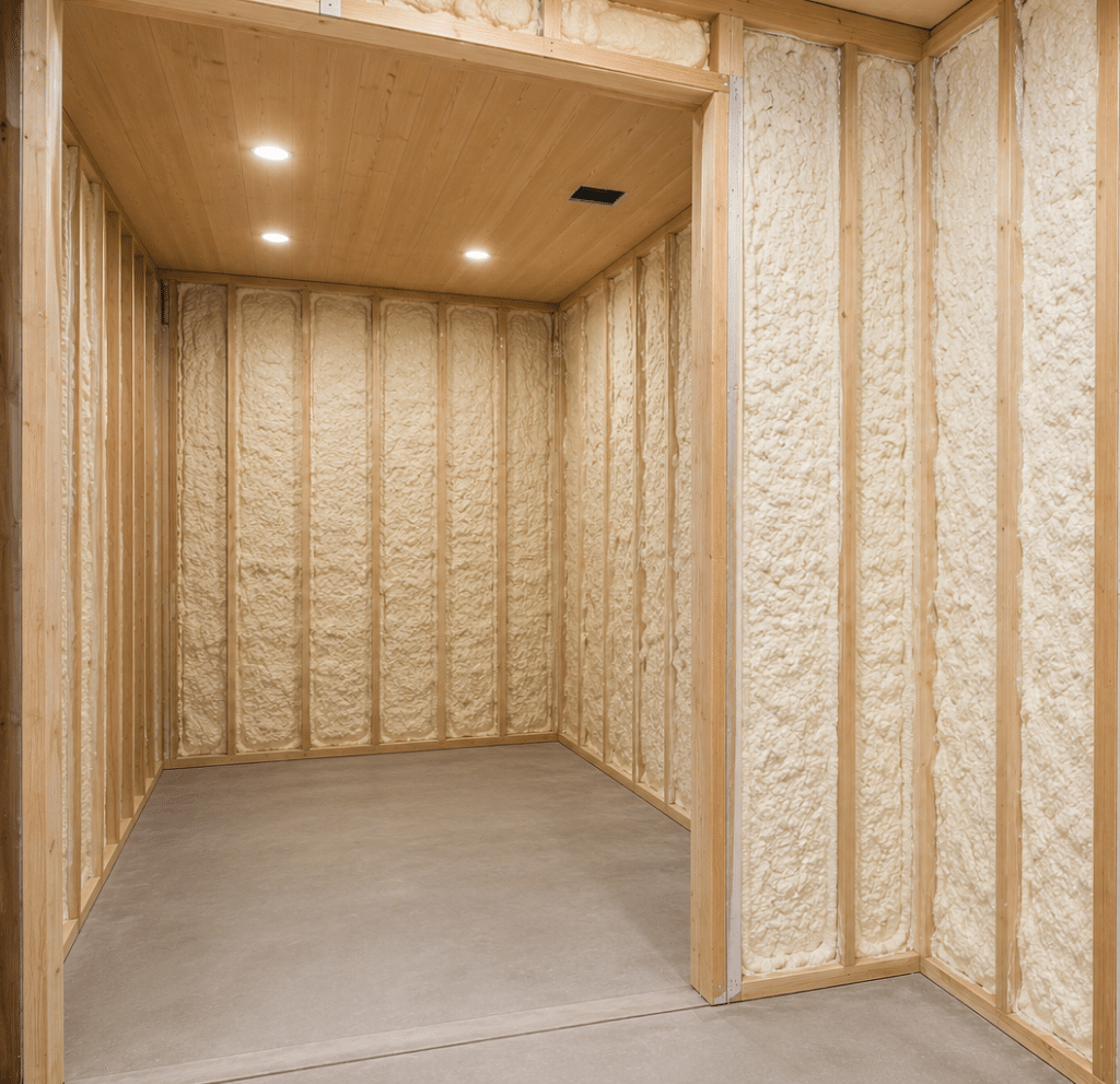 Wine cellar under construction with spray foam insulation, wood framing, and ceiling preparation, showing how to choose a wine cellar designer in Austin.