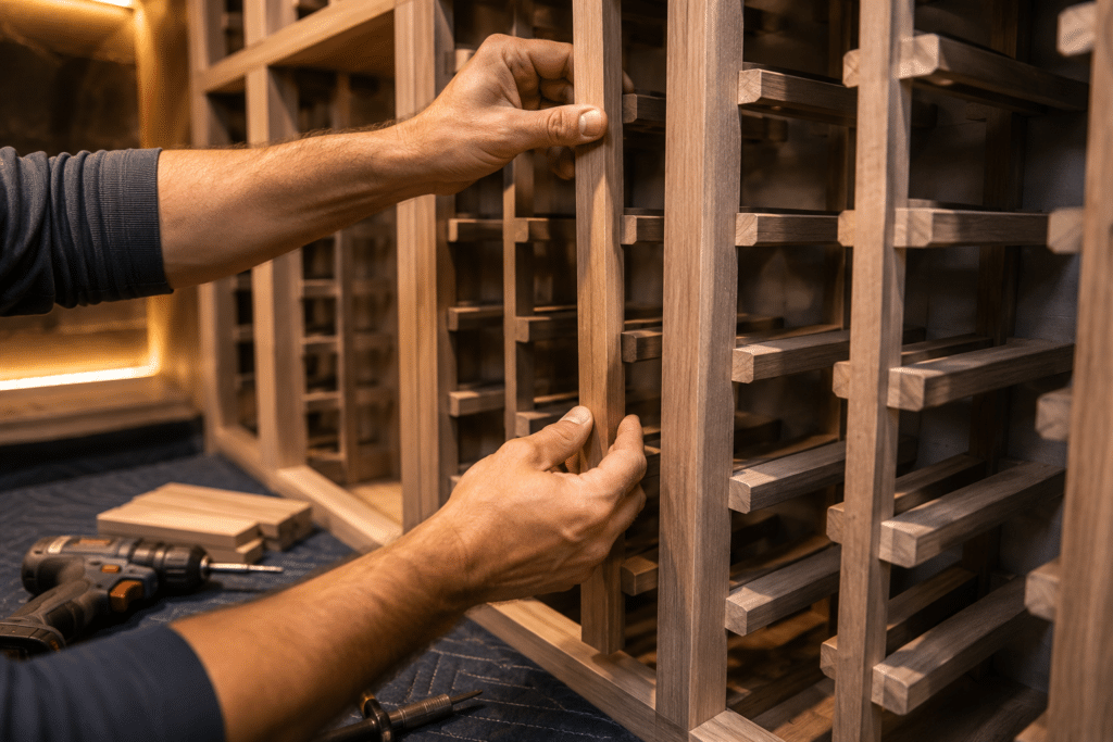 Craftsman installing custom hardwood wine racks inside a residential wine cellar, demonstrating how to choose a wine cellar designer in Austin.