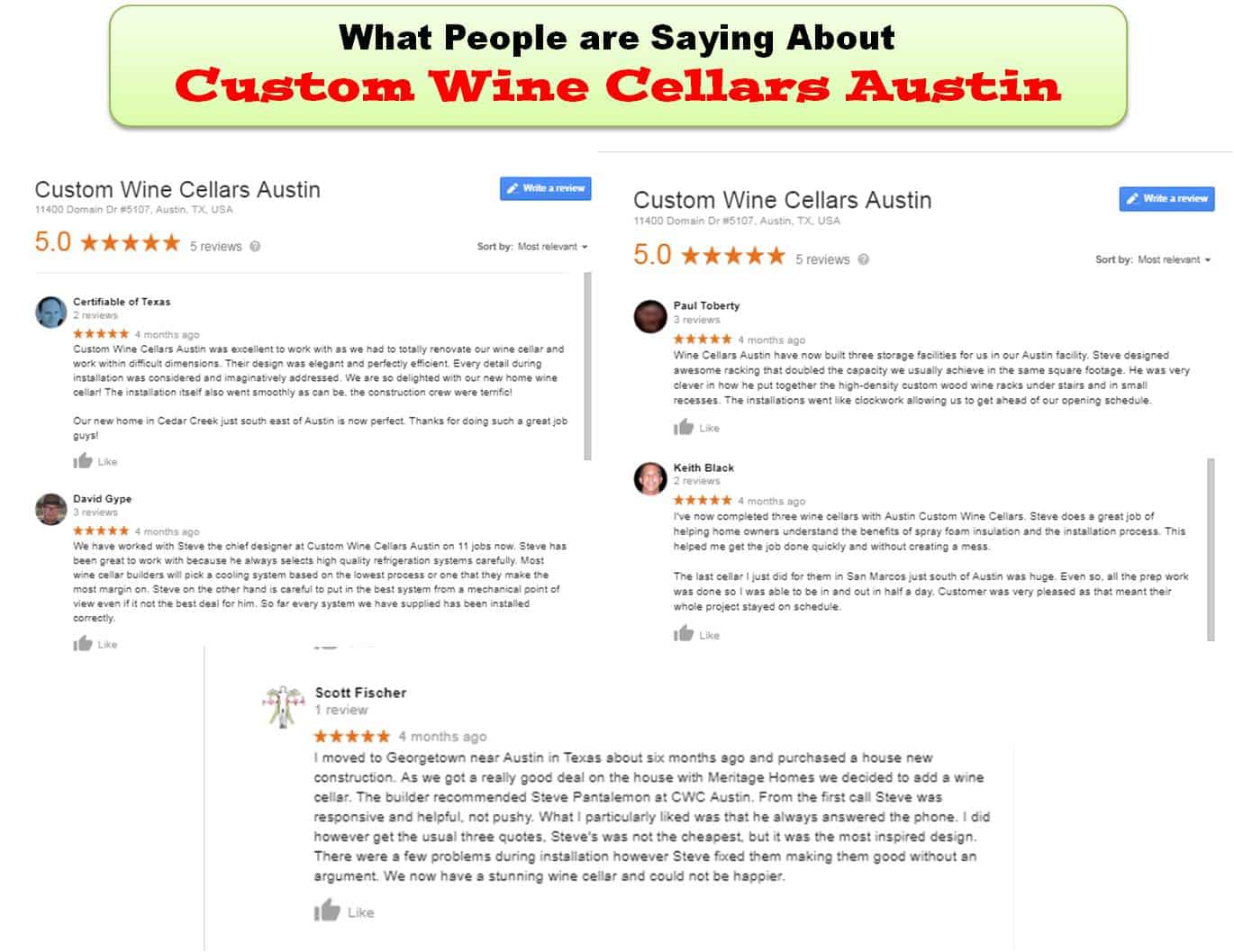 Client Reviews for Custom Wine Cellars Austin Designer and Builder